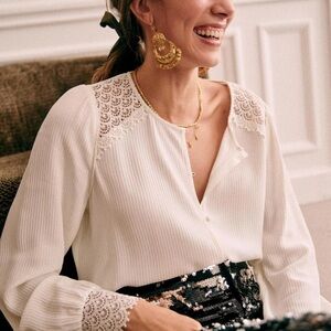 Sezane Elegant White Lace Trim Blouse